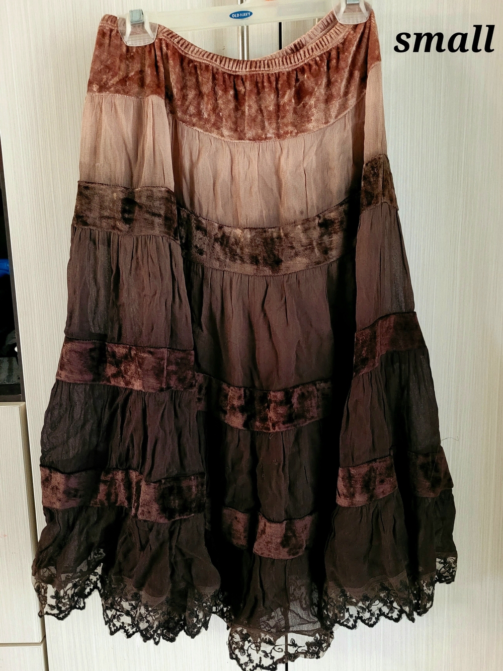 Bohemian Tiered Velvet-Trim Maxi Skirt - Brown
